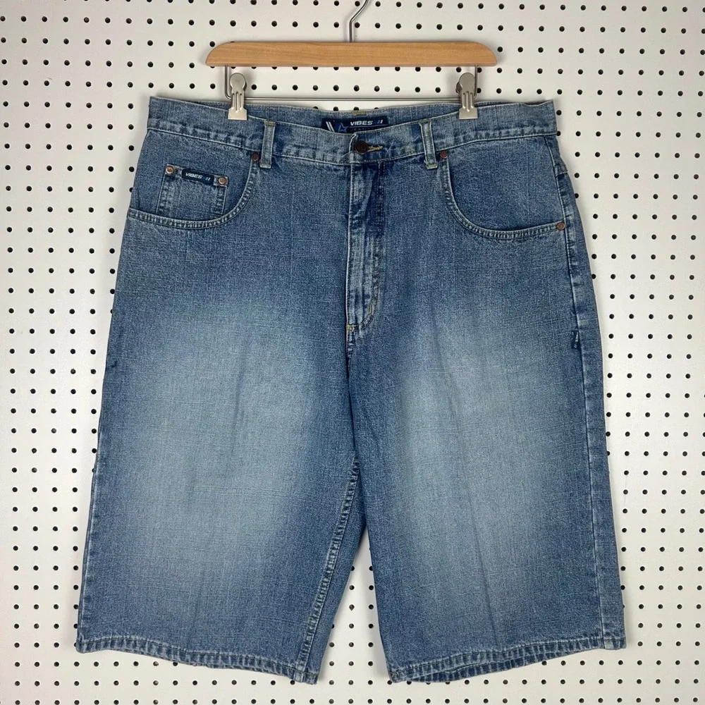 Vibes Jeanetics Denim Shorts Sz 40 Blue Baggy‎ Y2K Hip Hop Skater Light Wash 90s